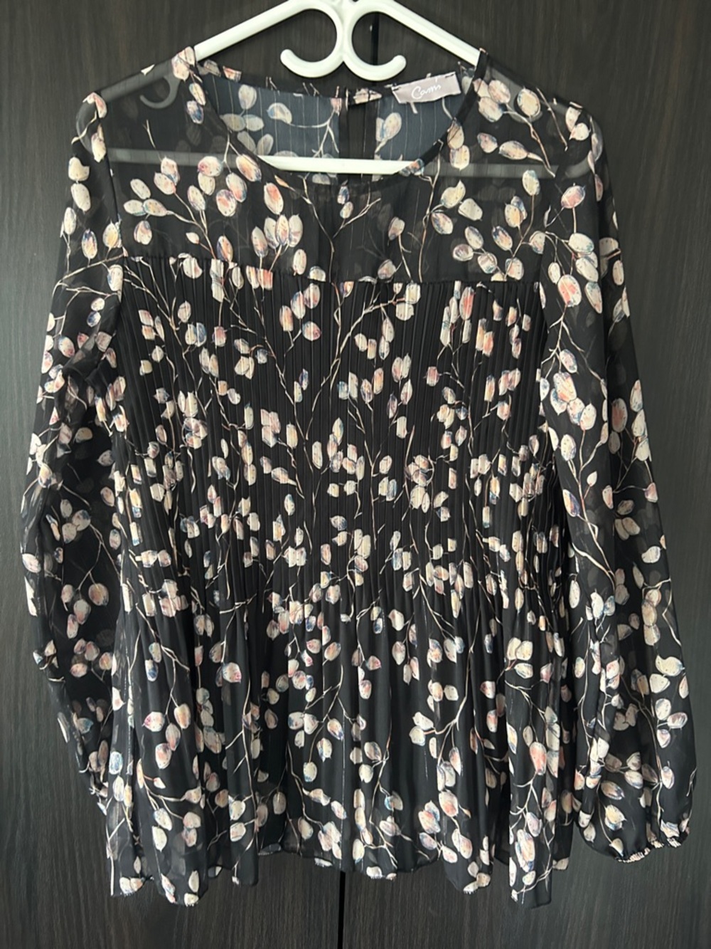 NWOT Sheer Black Floral Pleated Blouse